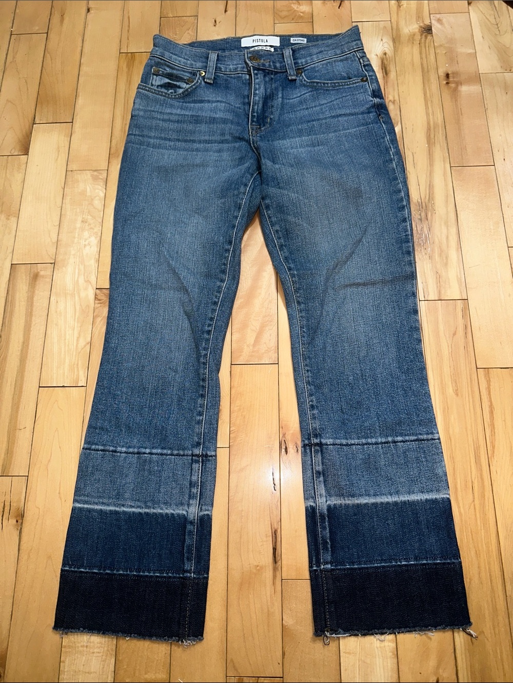 pistola Two-Tone Hem Denim Capris in Medium & Dark Blue